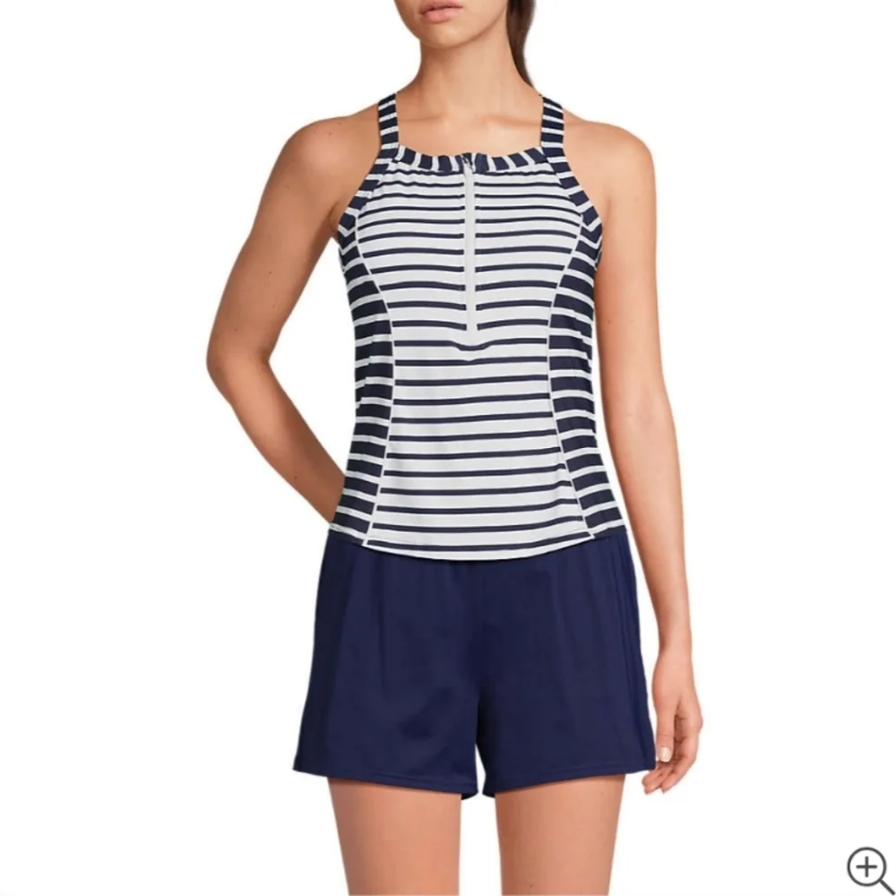 Land's End Chlorine Resistant High Neck Zip Front Racerback Tankini Top